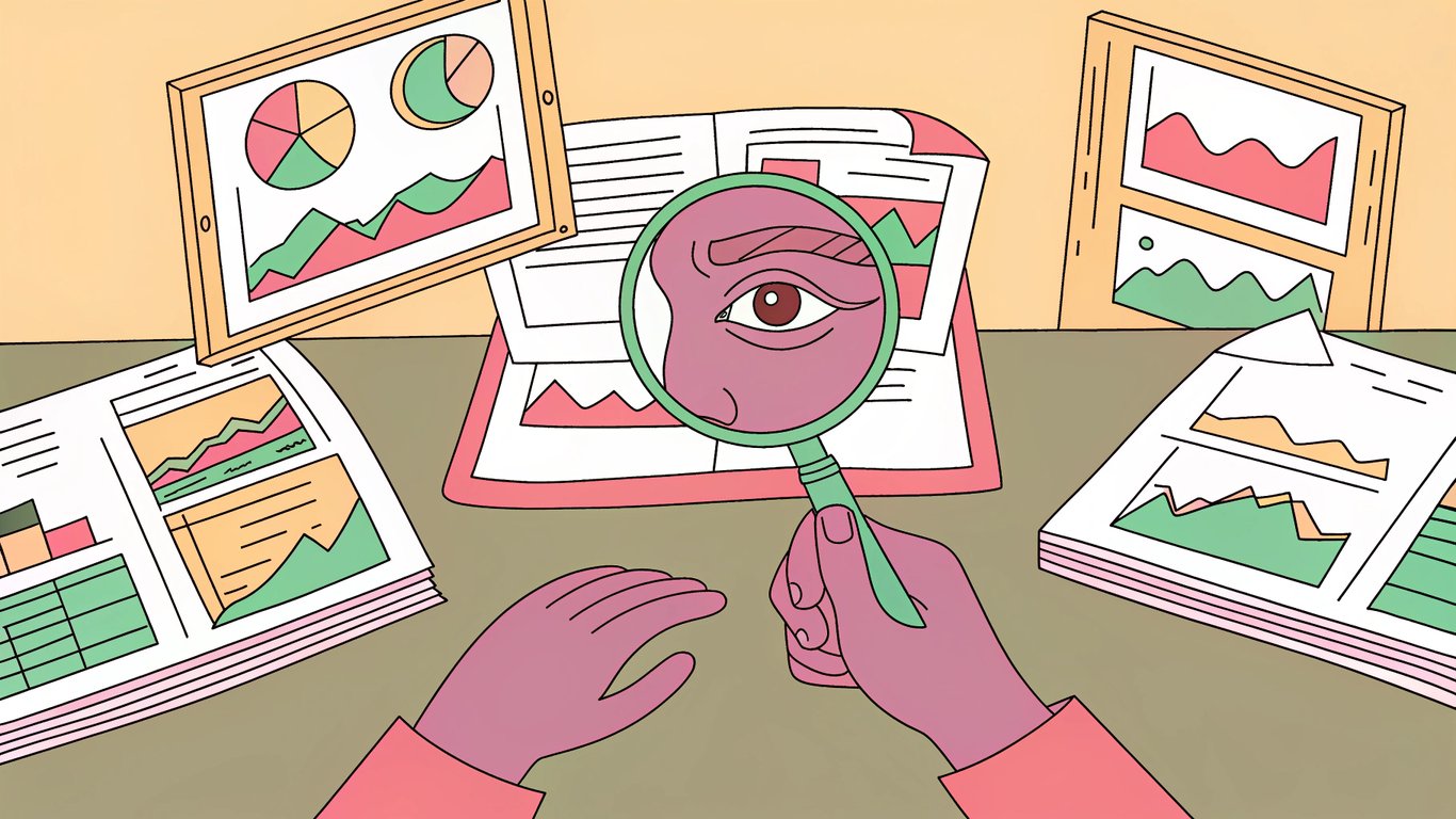 A person auditing content, looking at documents and screens with data visualizations.