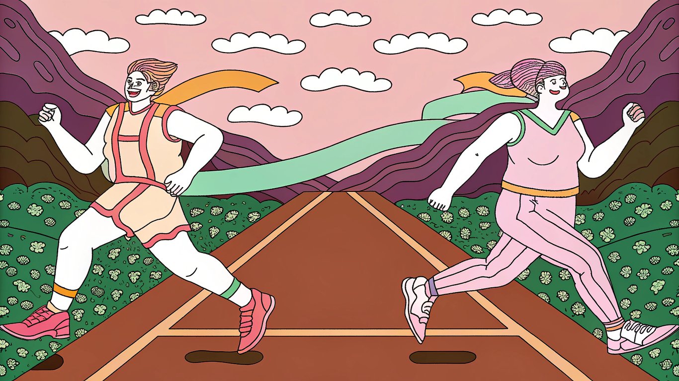 A fast, optimized website runner winning a race against a slow, unoptimized website runner, illustrating performance differences.