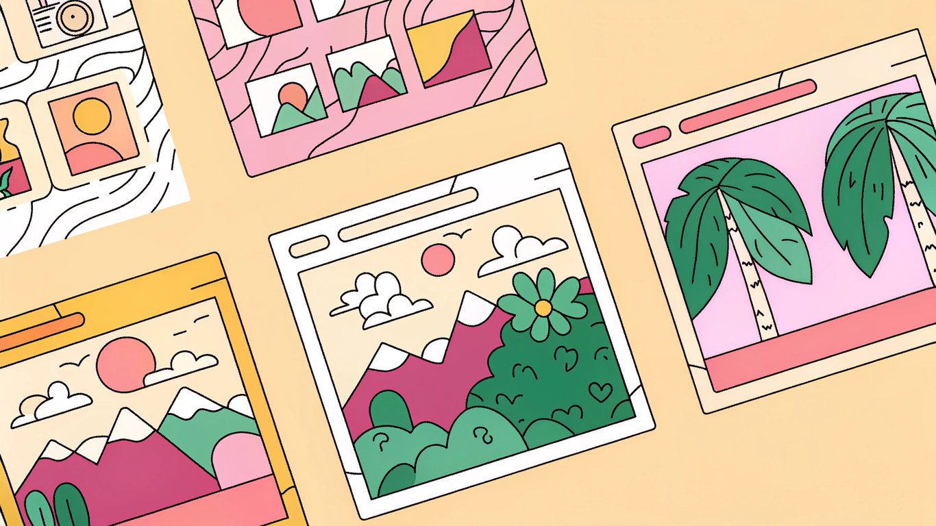 A visual comparison of different image formats: a transparent PNG, a scalable SVG, a detailed JPEG, and a compact WebP, showcasing their distinct uses.