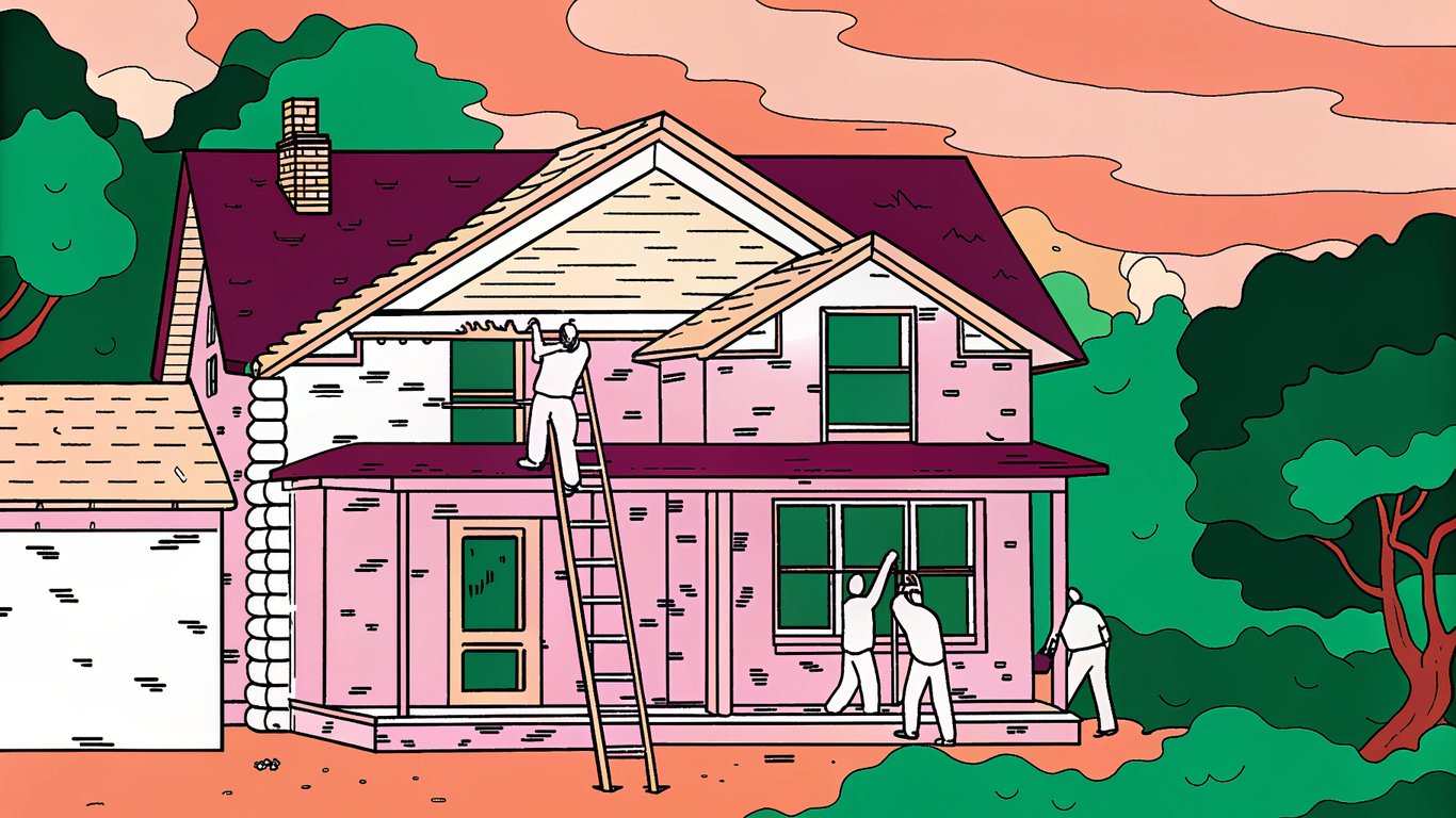 Illustration of an old house being renovated, symbolizing historical optimization, next to an empty plot of land.