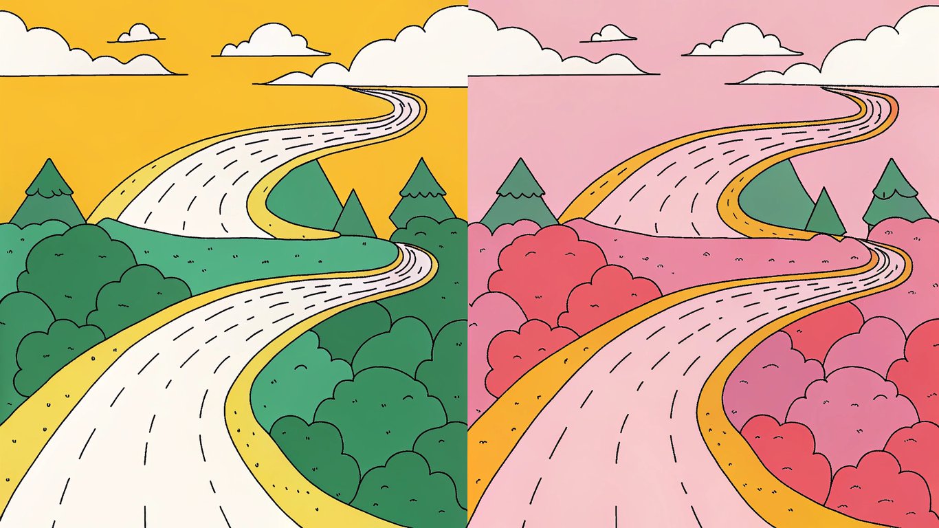 Illustration comparing two paths: a shorter, clearer path to a higher peak (updated content) and a longer, more difficult path to a lower peak (new content), representing efficiency and ROI.