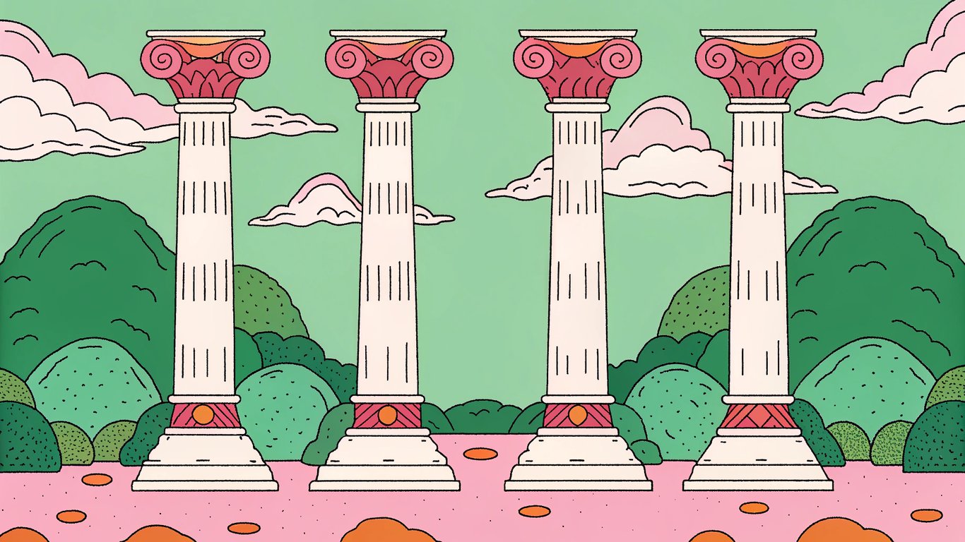 Four pillars representing Experience, Expertise, Authoritativeness, and Trustworthiness (E-E-A-T) as a foundation.