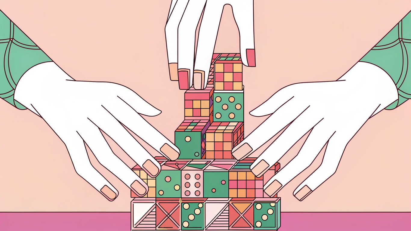 Human and AI hands building content blocks, representing collaborative content creation.