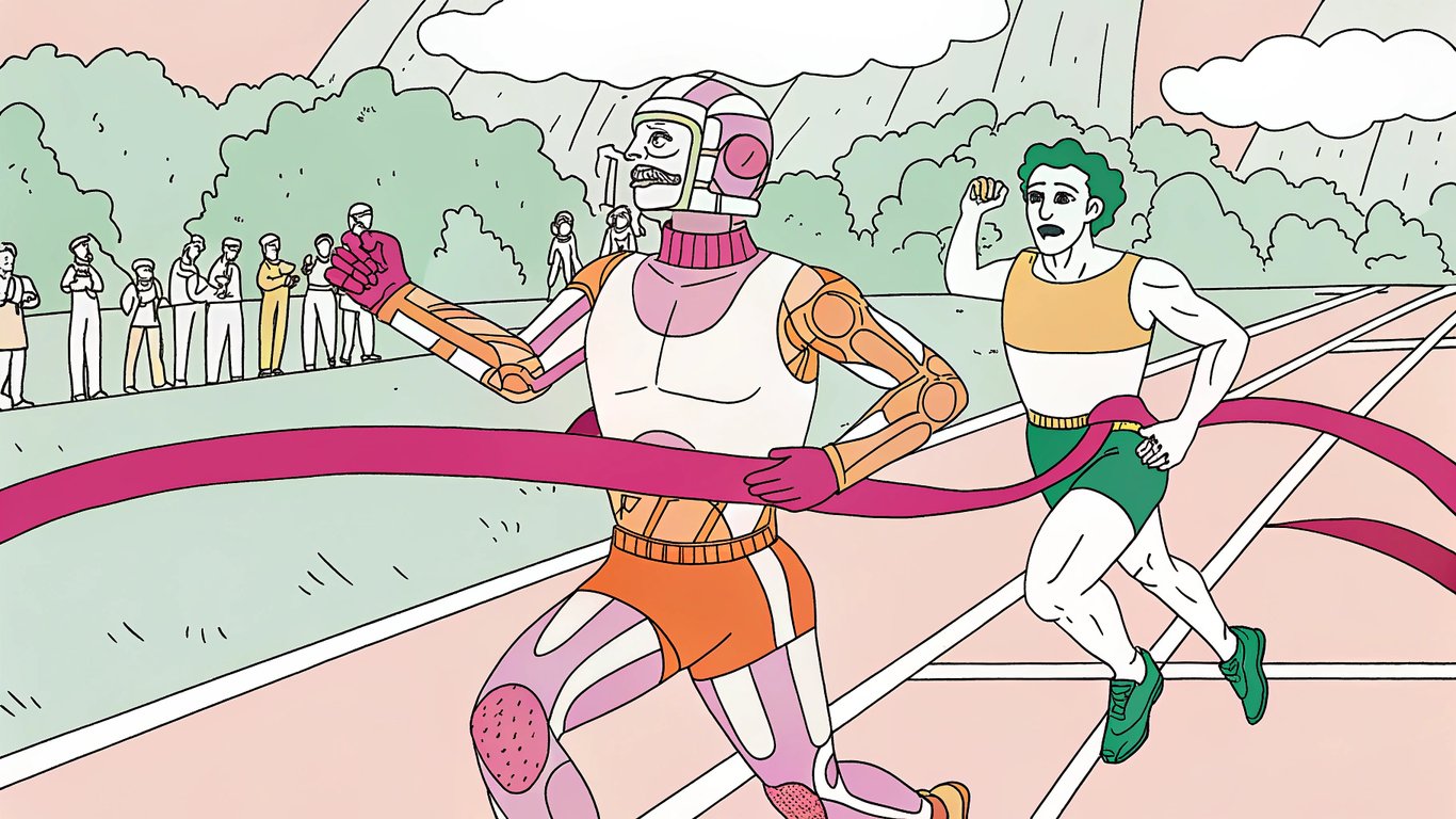 A hybrid human-AI robot winning a race, illustrating the superior performance of mixed content.