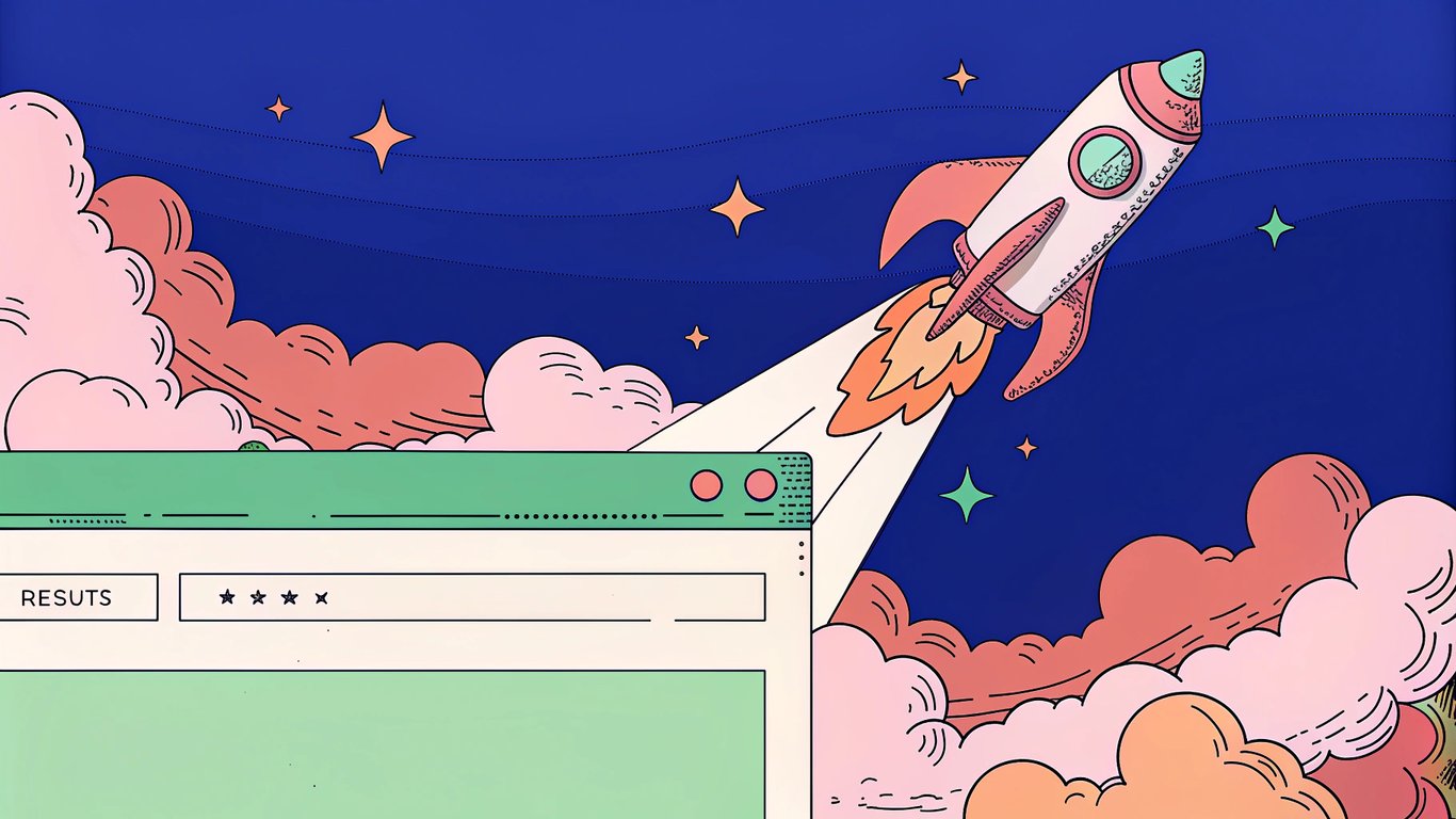 A rocket representing content moving from a lower search result page to a higher one.