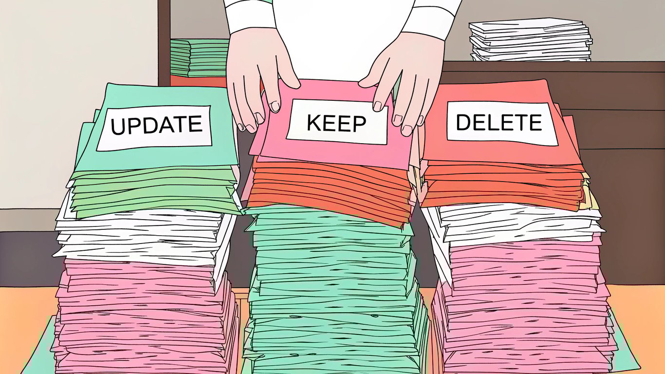 Digital documents being sorted into update, keep, and delete piles, representing a content audit.