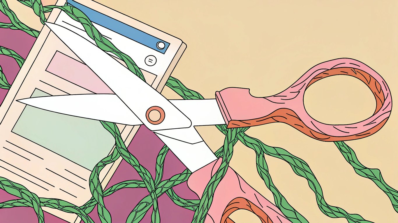 Digital scissors cutting a withered vine, symbolizing content deletion or consolidation.