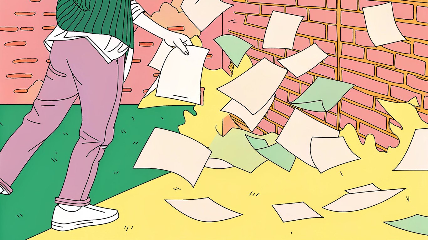 Illustration of a person throwing papers at a wall, symbolizing random content creation.