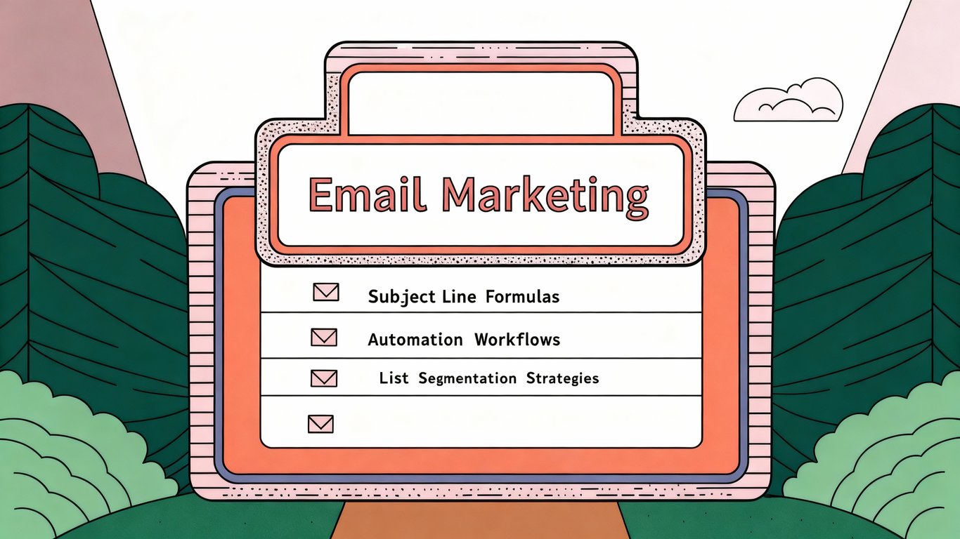 Illustration showing a large central pillar representing 'Email Marketing' with smaller, connected topics branching off.