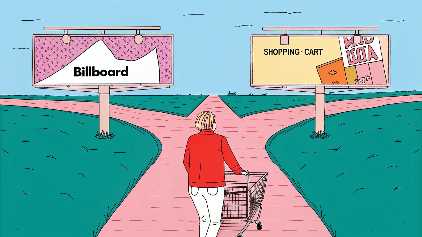 A person at a crossroads choosing between a path with ads and a path with products, symbolizing the ad revenue vs. affiliate marketing decision.