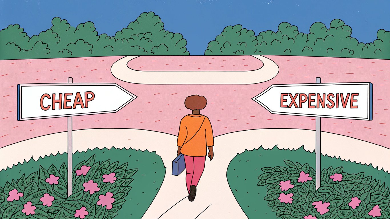 Illustration of a person carefully navigating a path between 'cheap' and 'expensive' options, representing the challenge of hiring an SEO agency.