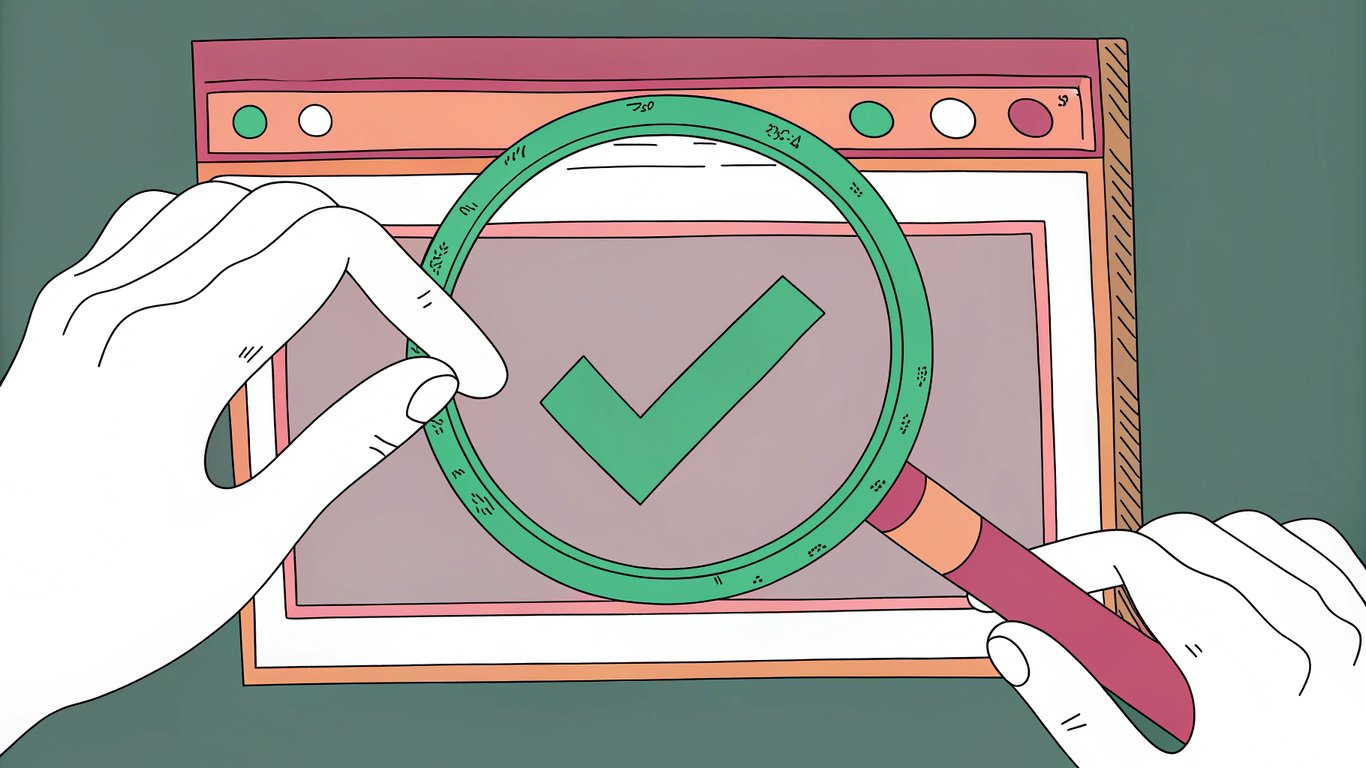 Illustration of a hand verifying website ownership with a magnifying glass and a checkmark.