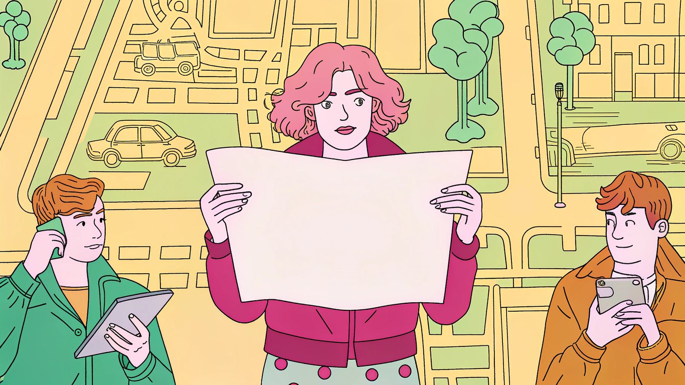 A person looking confused in a city maze, symbolizing a website without Google Search Console.