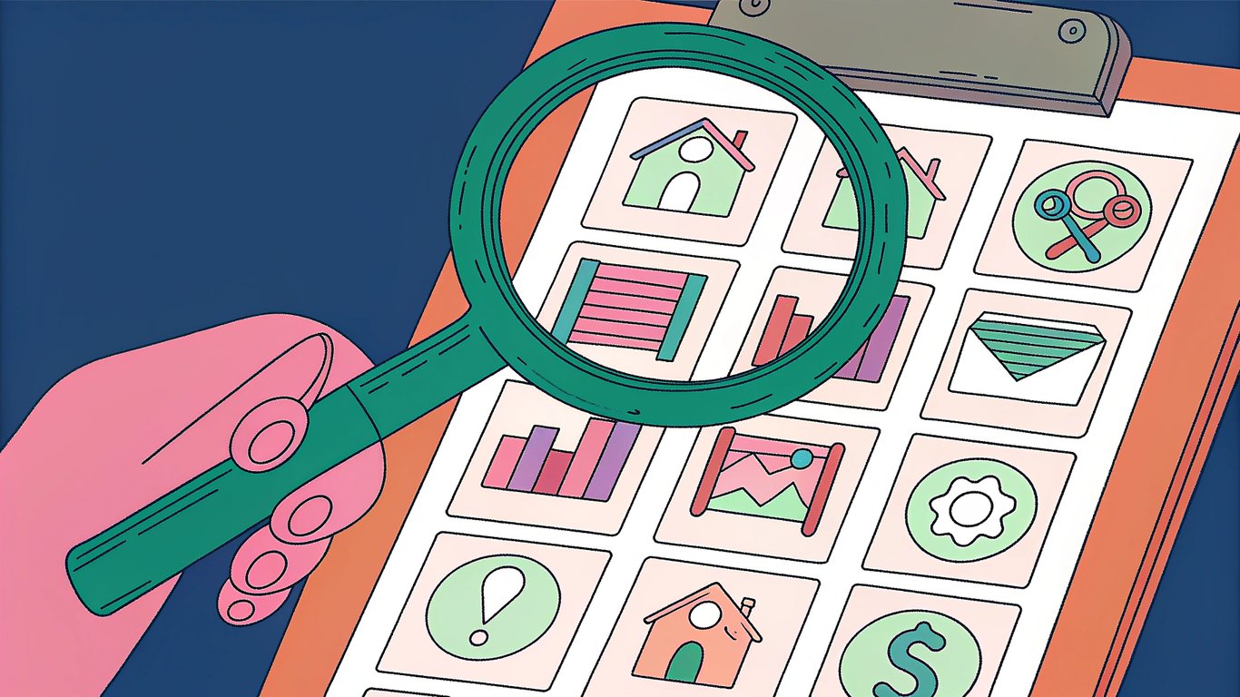 Magnifying glass examining a checklist of AI tool evaluation criteria.