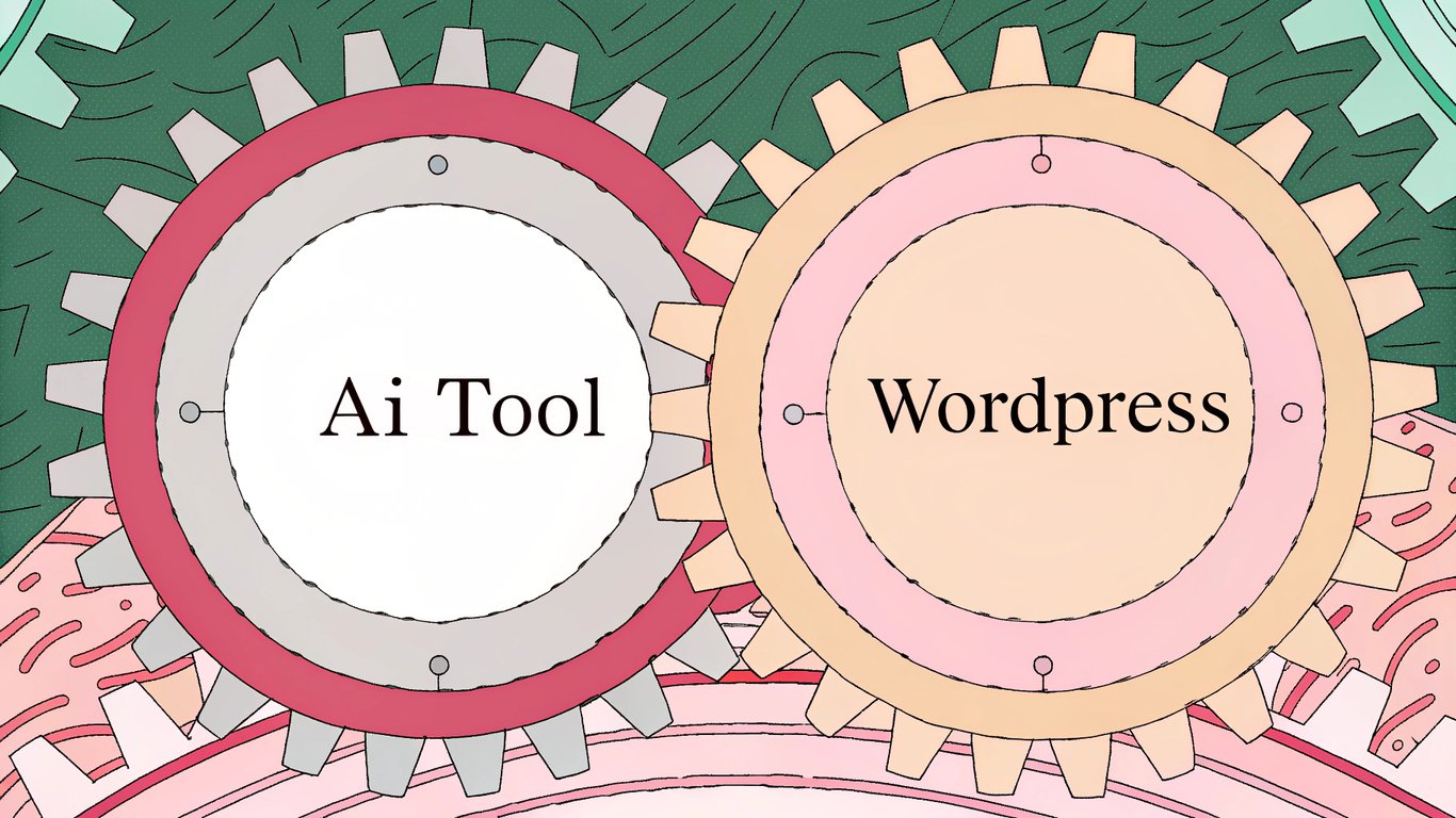 Gears representing AI tool and WordPress interlocking smoothly, symbolizing seamless integration.