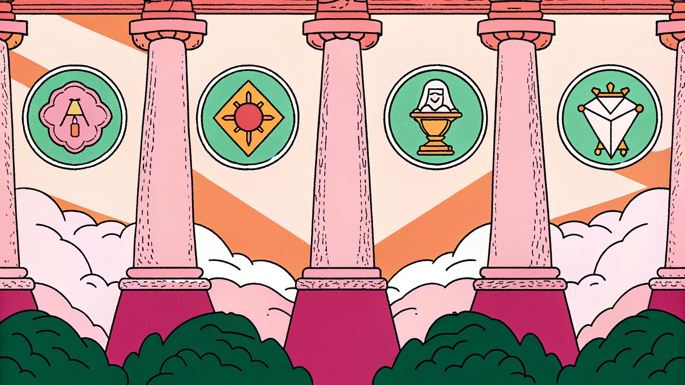 Four pillars labeled Experience, Expertise, Authoritativeness, and Trustworthiness supporting a platform, representing Google's E-E-A-T standards.