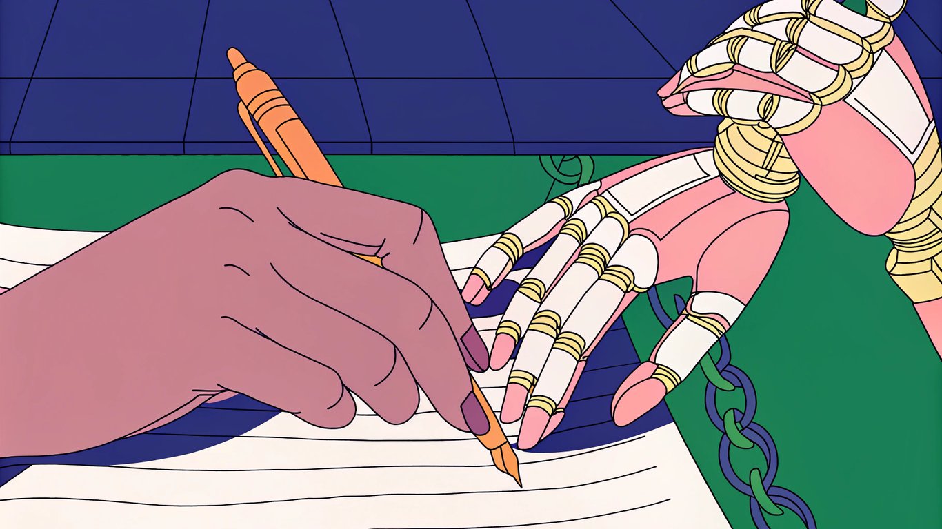 A human hand and a robot hand working together to create content, representing the optimal balance between human and AI contributions.