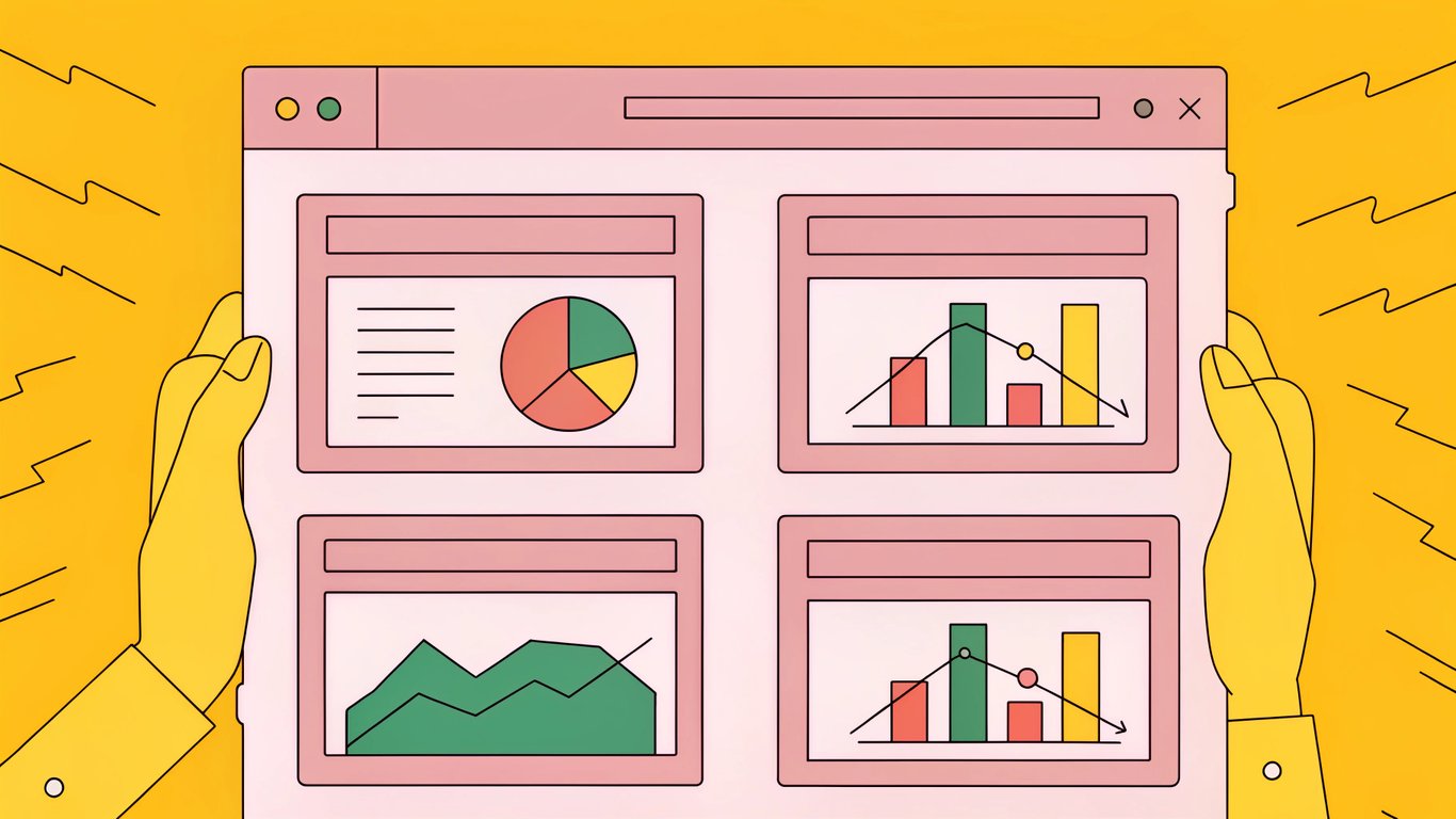 A dashboard displaying charts with declining traffic, high bounce rate, low clicks, and search rankings on page 2, indicating areas for content updates.