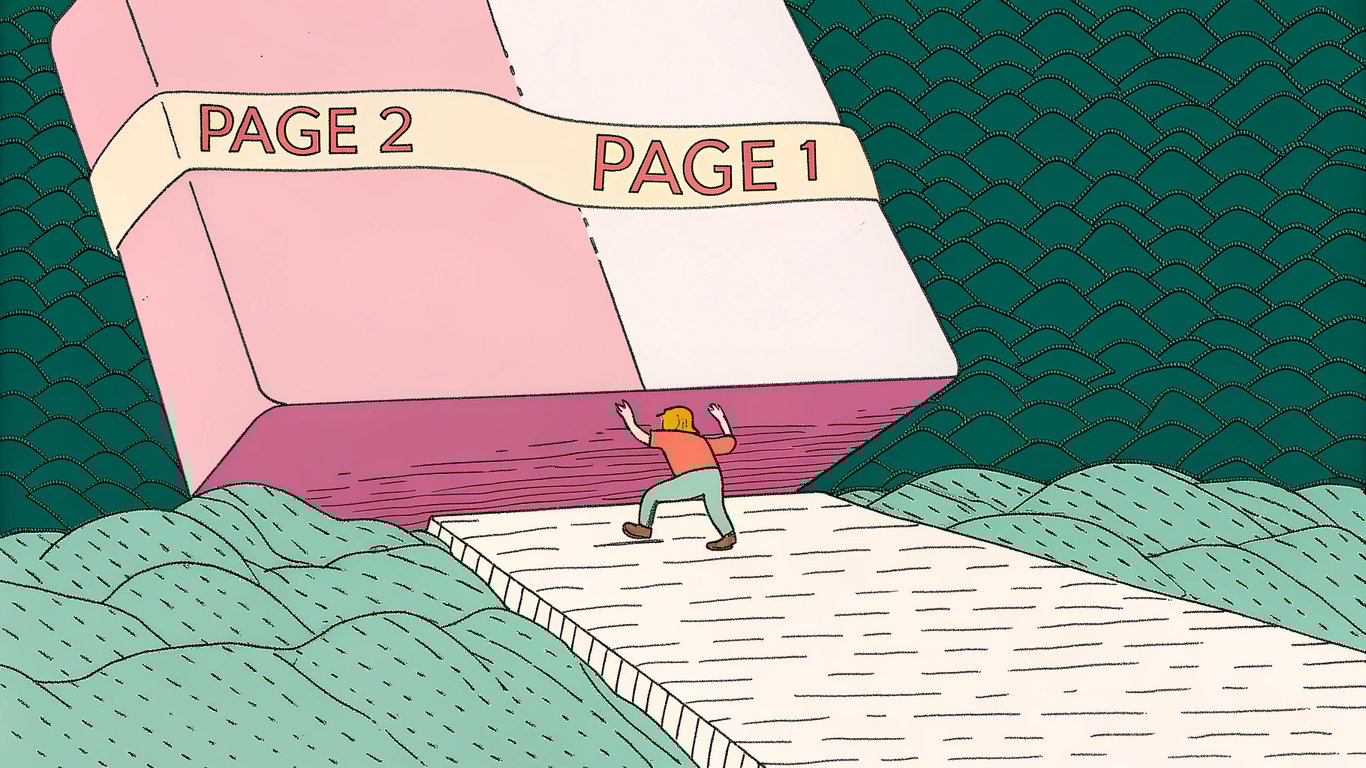 A figure pushing a 'Page 2' block towards a 'Page 1' platform, symbolizing improving search rankings.