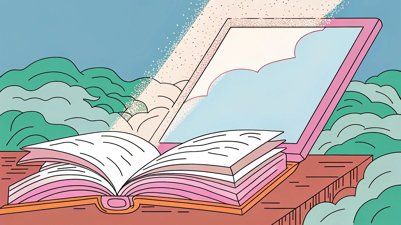 An old, dusty book transforming into a glowing, modern digital screen, symbolizing content updates.