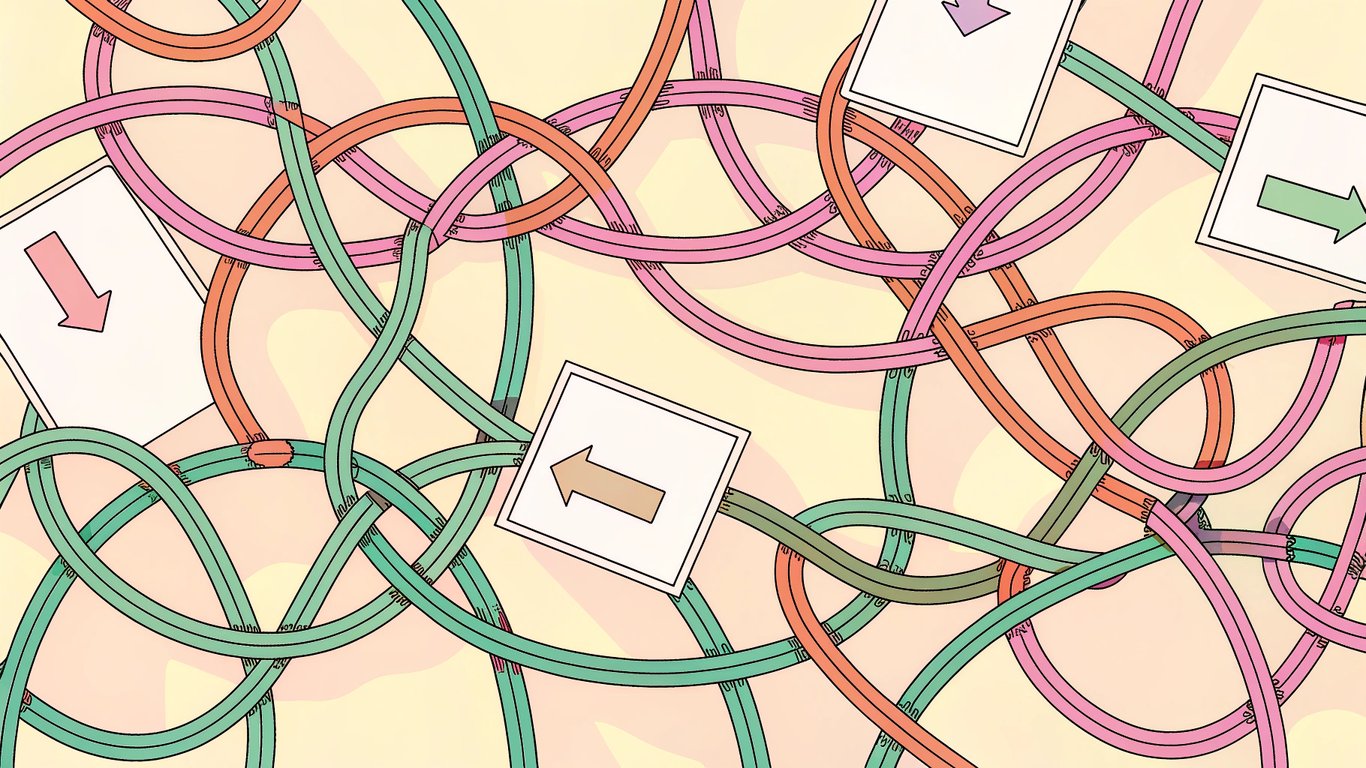 A disorganized and broken web of internal links on a website, illustrating common causes of orphan pages.