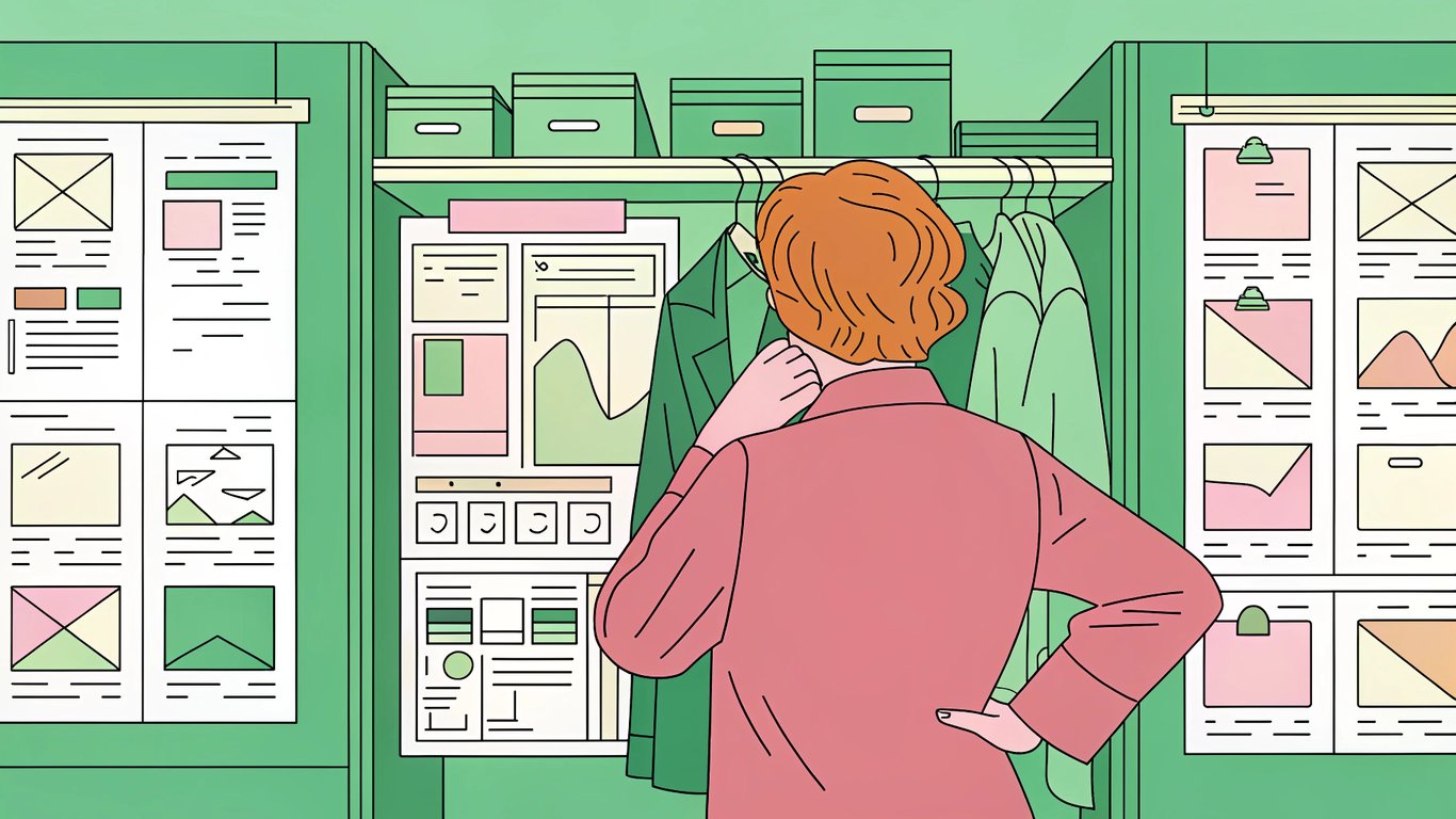An illustration of a person organizing a digital closet full of website content, symbolizing a content audit.