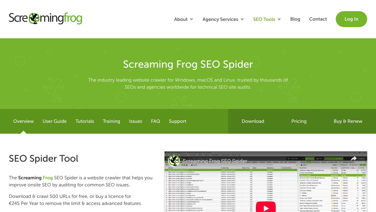 Screenshot of the Screaming Frog SEO Spider website, showing the tool's interface and features.