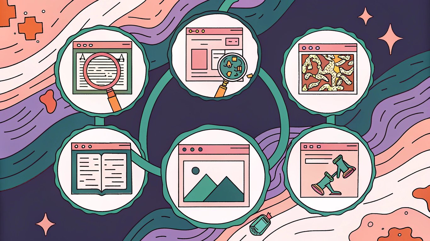 Flowchart illustrating the five stages of Google's process: Discovery, Crawling, Processing, Indexing, and Ranking, each with a representative icon.