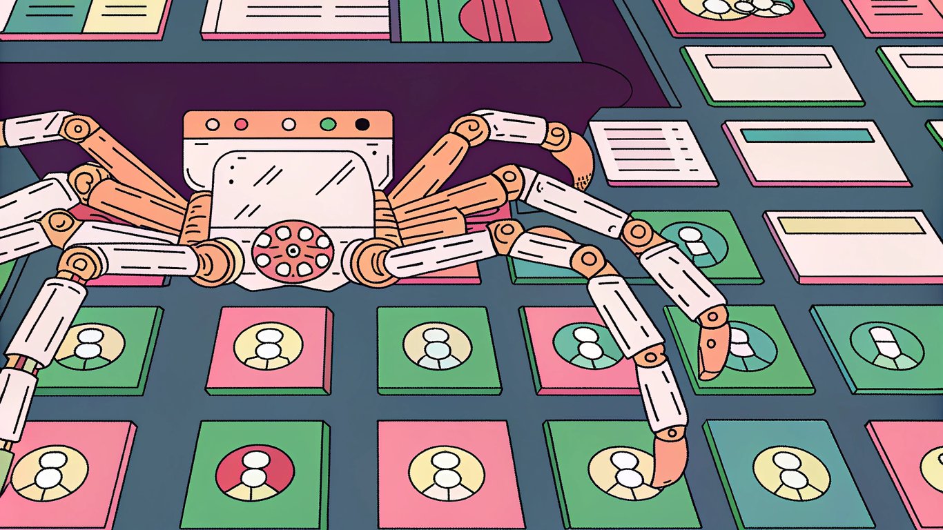 A stylized robot spider (Googlebot) with multiple arms extending to scan and follow links between abstract website representations.