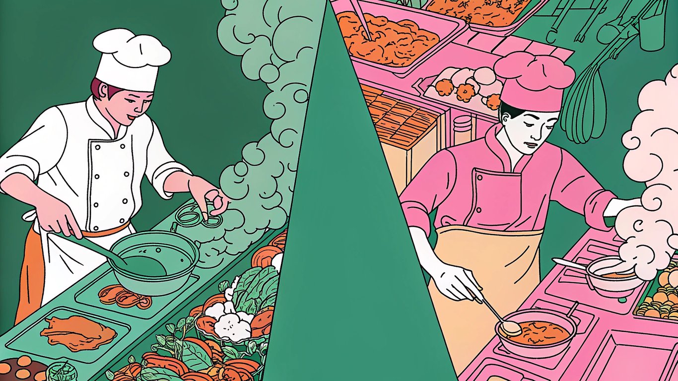 Illustration comparing efficient meal prepping to slow, individual meal preparation, representing website caching.