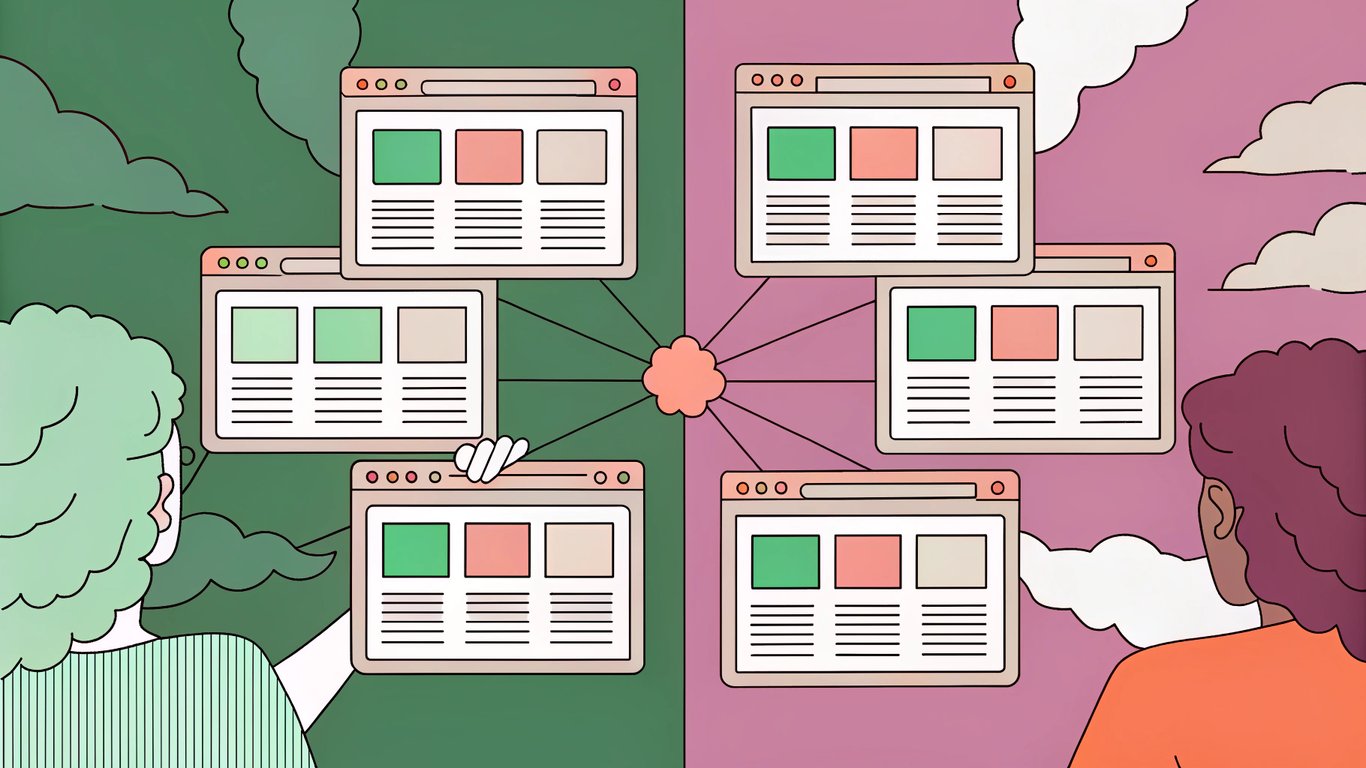 Comparison showing disorganized, isolated web pages on one side and an organized topic cluster with interconnected pages on the other.