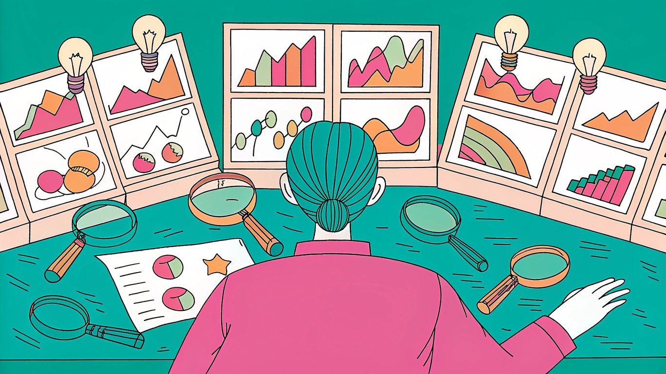 An illustration of a person conducting research, surrounded by data visualizations and tools, symbolizing topic and competitive analysis.