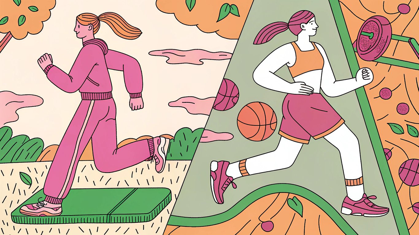 Illustration comparing consistent exercise leading to muscle growth versus sporadic exercise with minimal results.