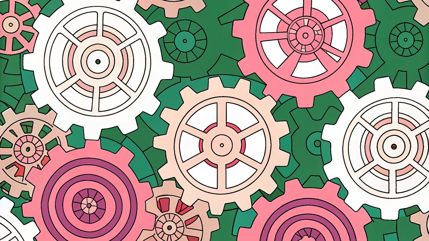 Interconnected gears, each labeled metaphorically with a factor like 'Resources', 'Niche', 'Audience', and 'Quality', working together.