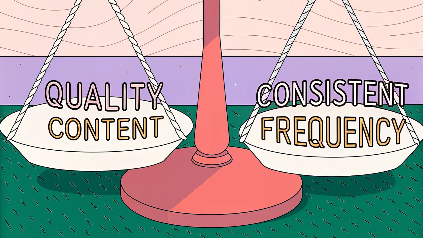 A balanced scale with one side representing 'Quality Content' and the other 'Consistent Frequency'.