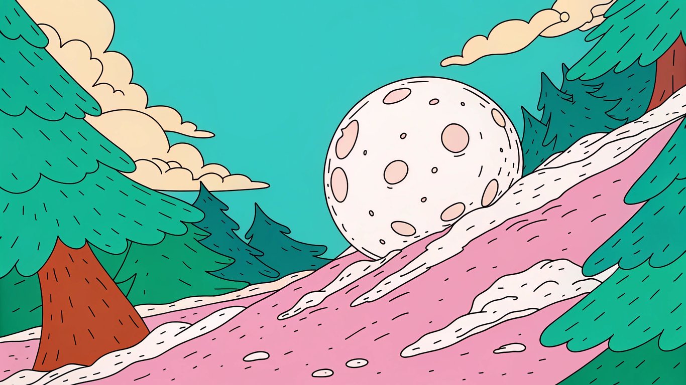 A snowball rolling down a hill, growing larger as it accumulates more snow.