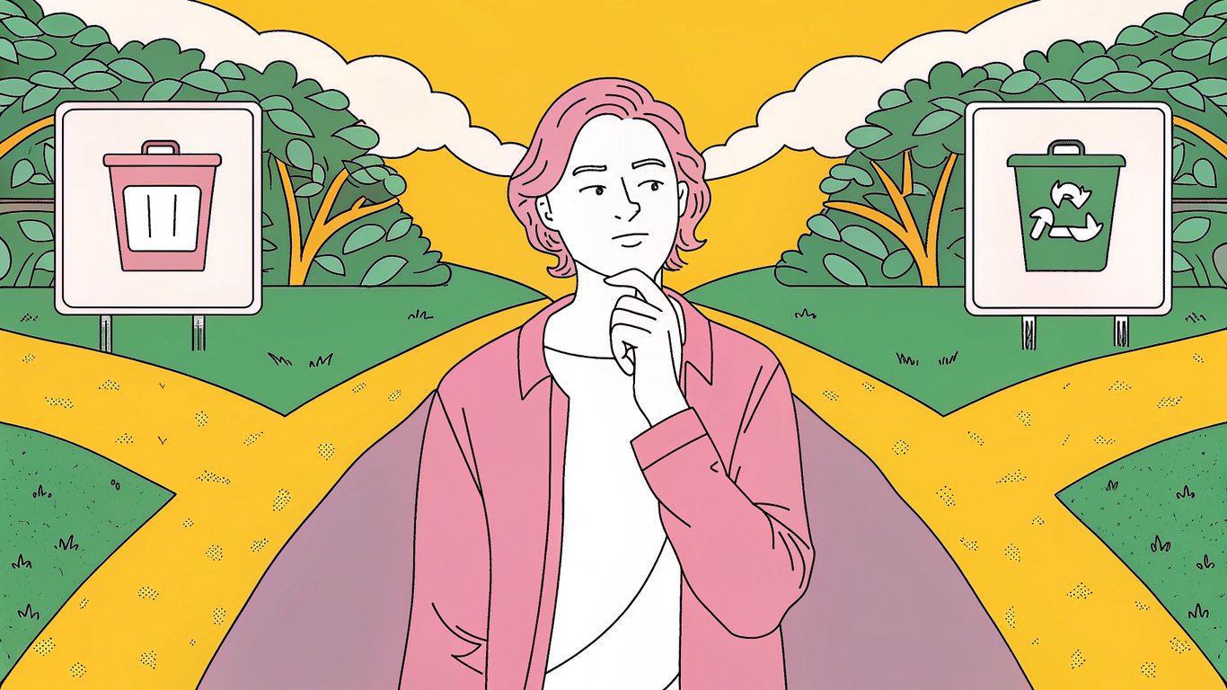 A person deciding between updating a blog post or retiring it, represented by two diverging paths.