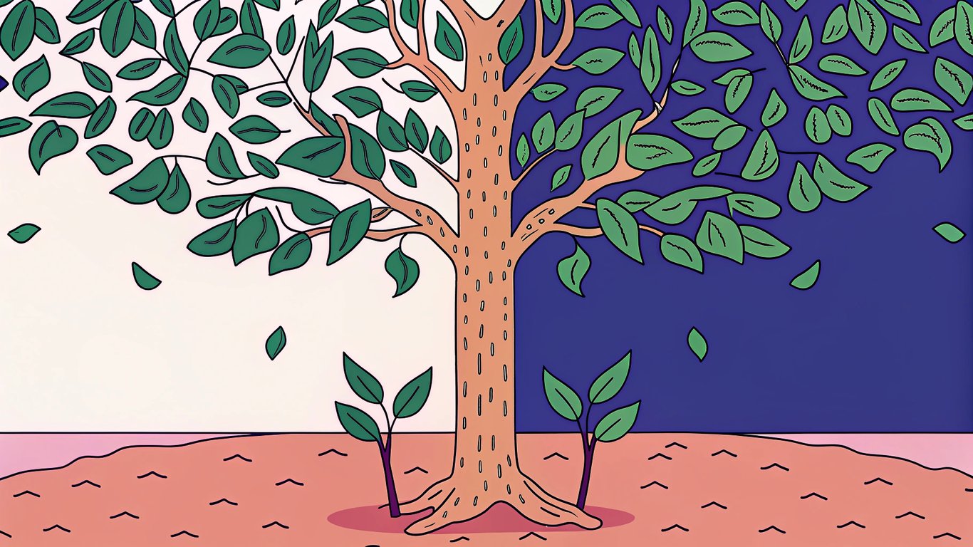 An old, strong tree with new growth next to a small, new sapling, symbolizing the ROI of updating old content versus creating new.