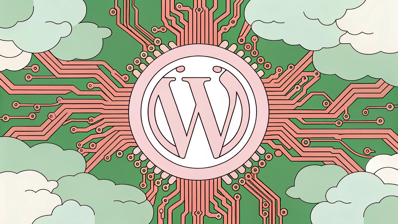 WordPress logo intertwined with AI circuits, representing AI integration and advanced capabilities.