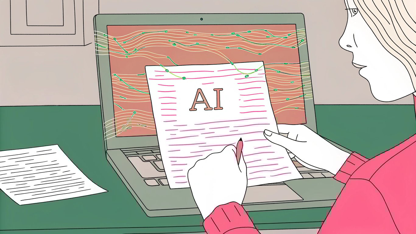 A writer using an AI assistant on a laptop to generate content, showing text appearing on screen.