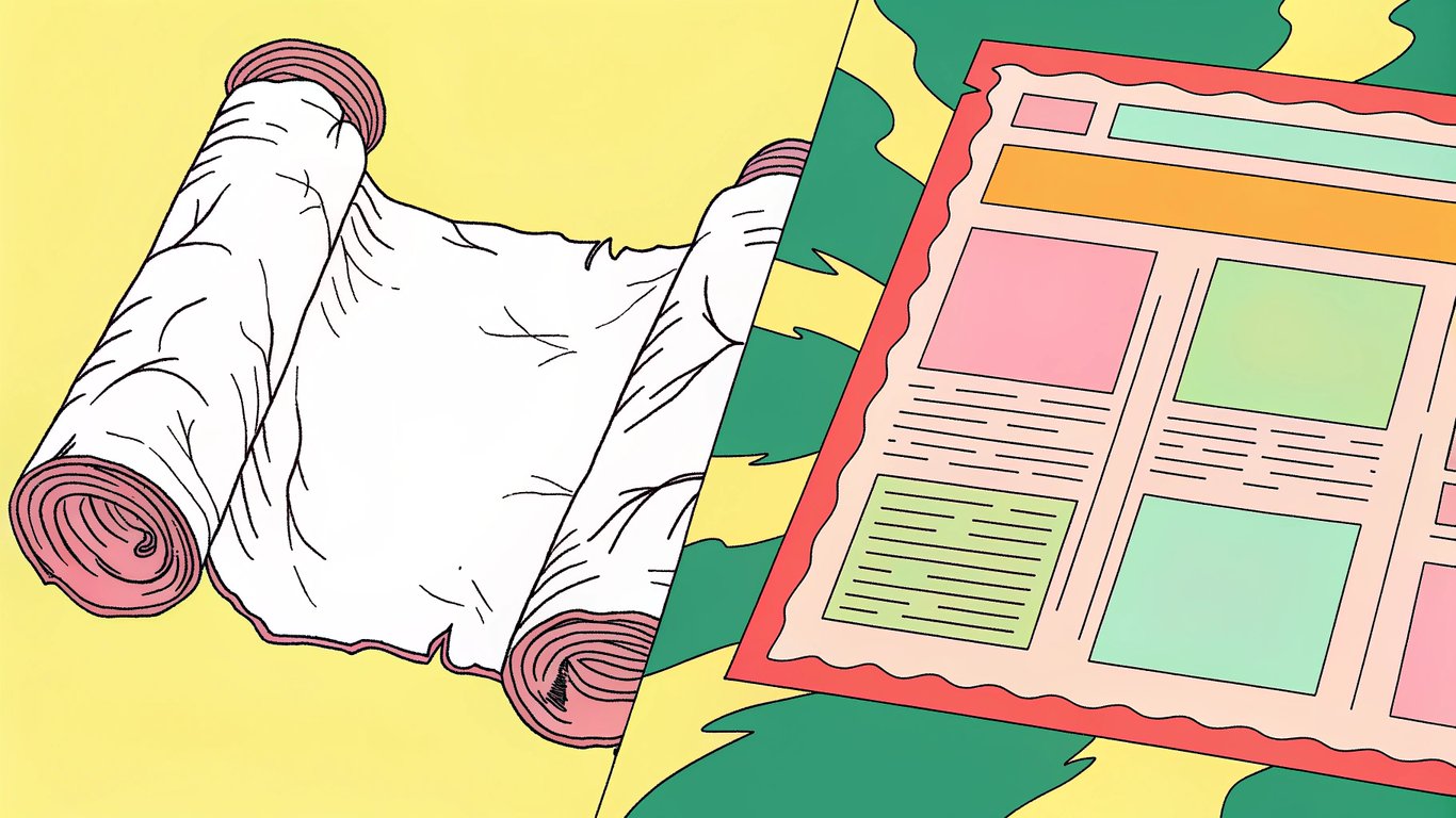 An old, decaying scroll transforming into a bright, updated digital document.