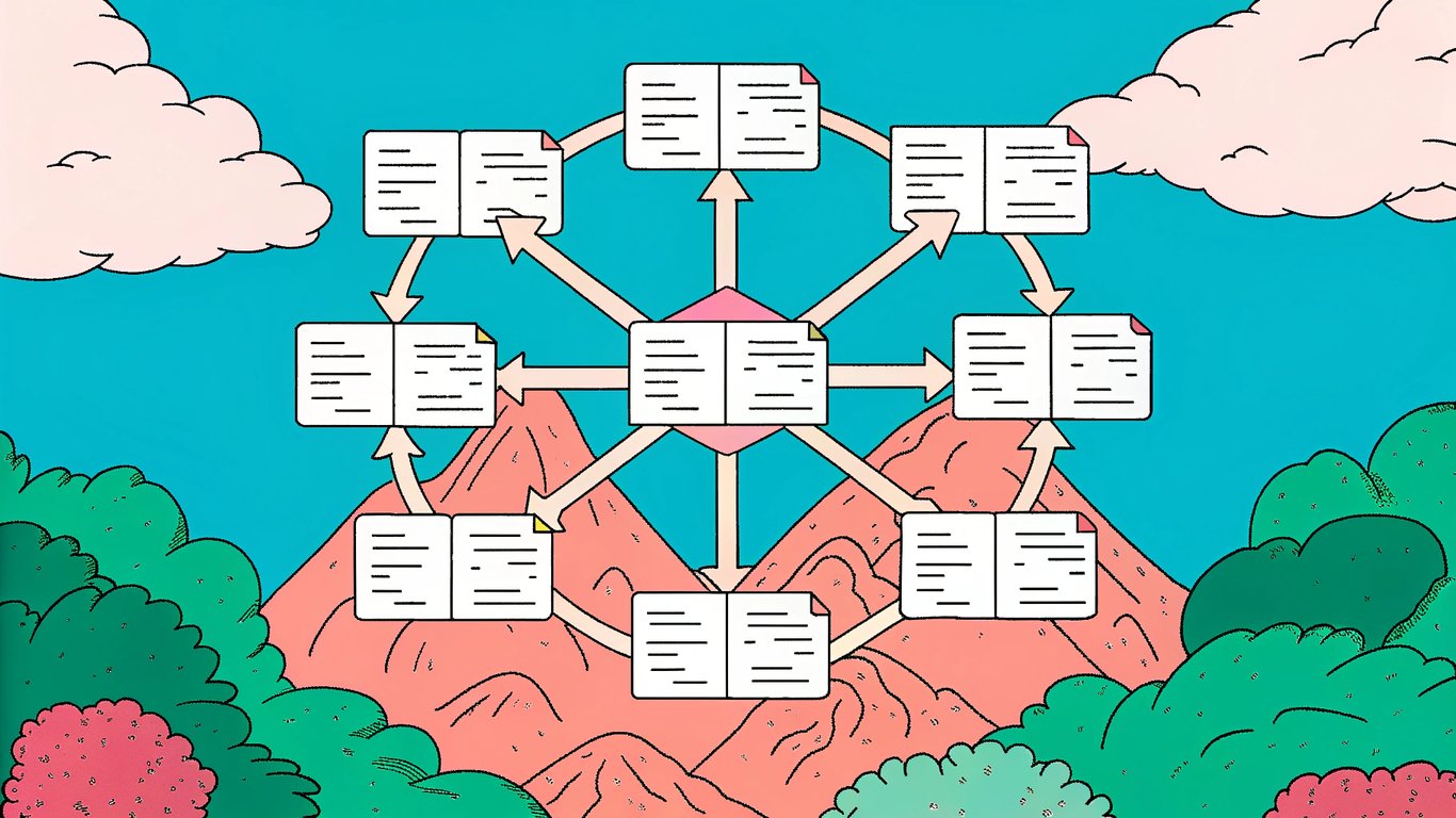 Diagram of a hub-and-spoke internal linking model, with a central pillar page linked to multiple surrounding cluster pages.