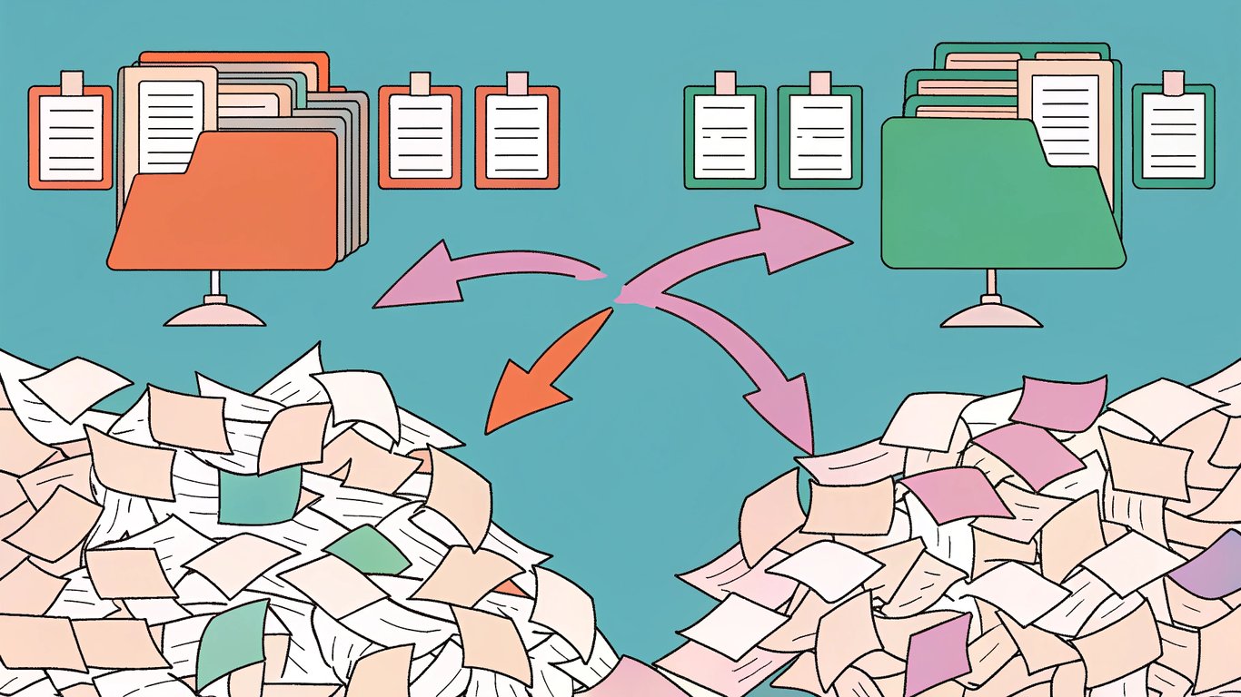 Illustration of chaotic digital content becoming neatly organized on a template.