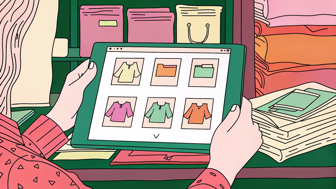 Illustration of a person sorting through digital content, symbolizing a content audit.