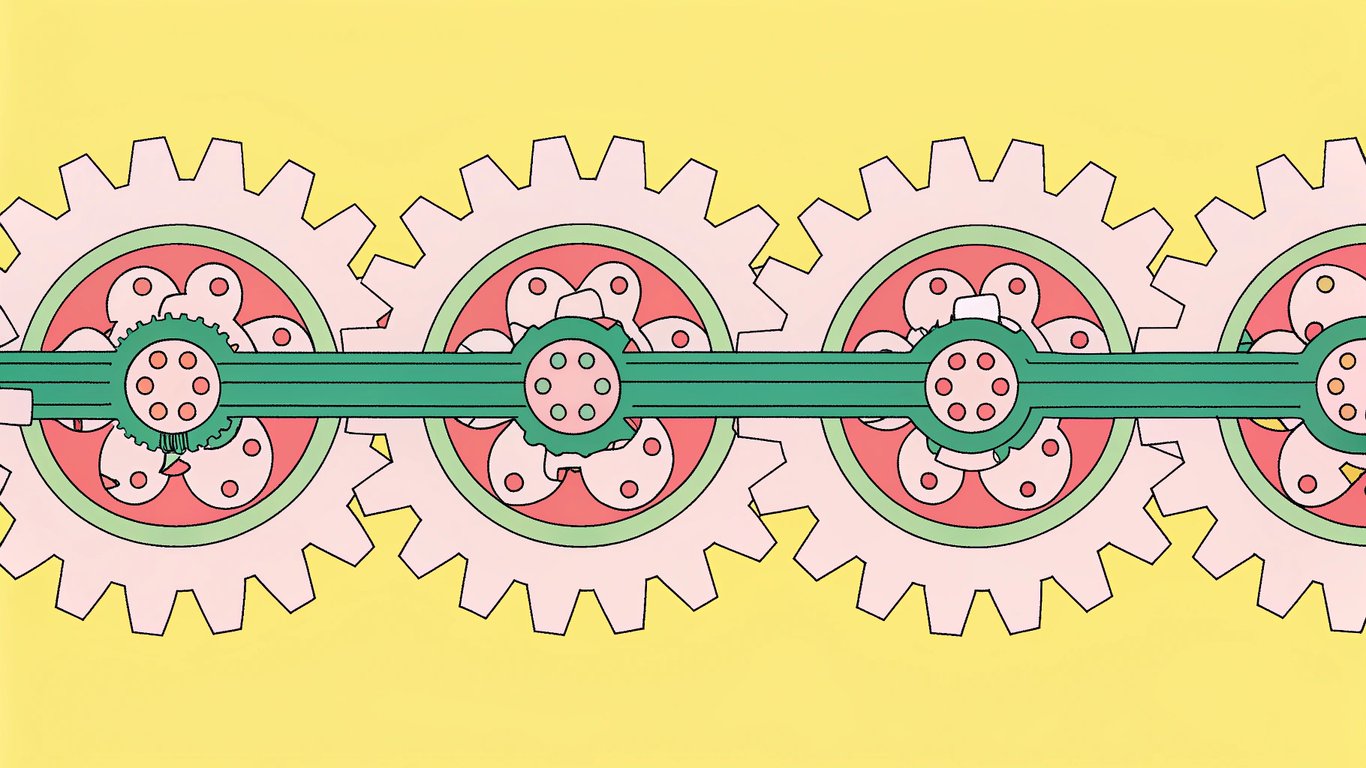Interlocking gears demonstrating a sequential, step-by-step process.