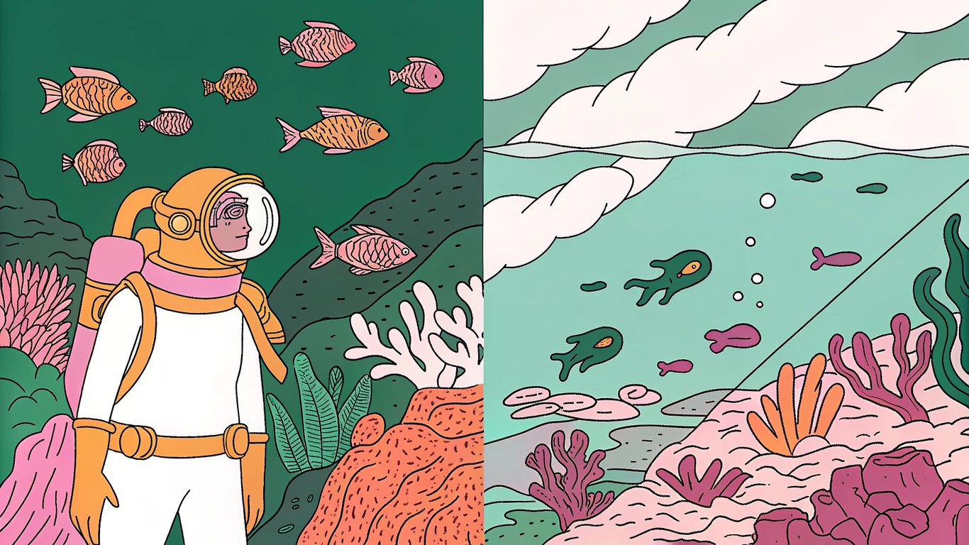 A visual metaphor contrasting depth and breadth: a diver focused on one coral formation versus a wide view of many fish.