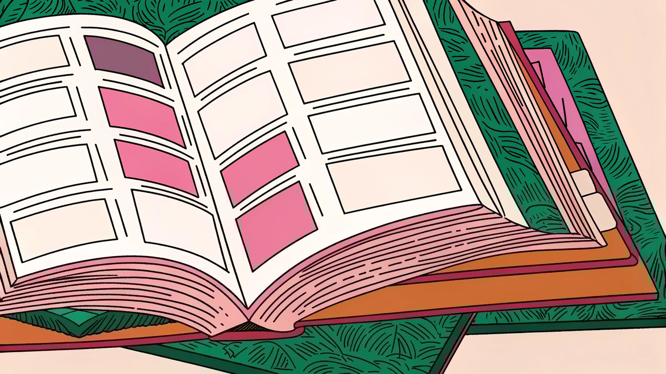 Illustration of a comprehensive, multi-section guide book, symbolizing a pillar page.