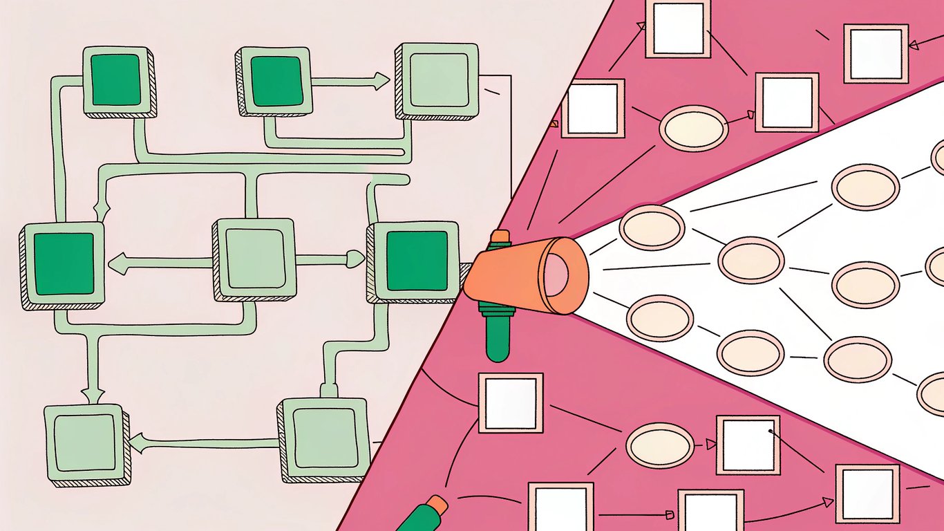 Visual comparison illustrating the difference between broad, interconnected pillar pages and narrow, focused blog posts.