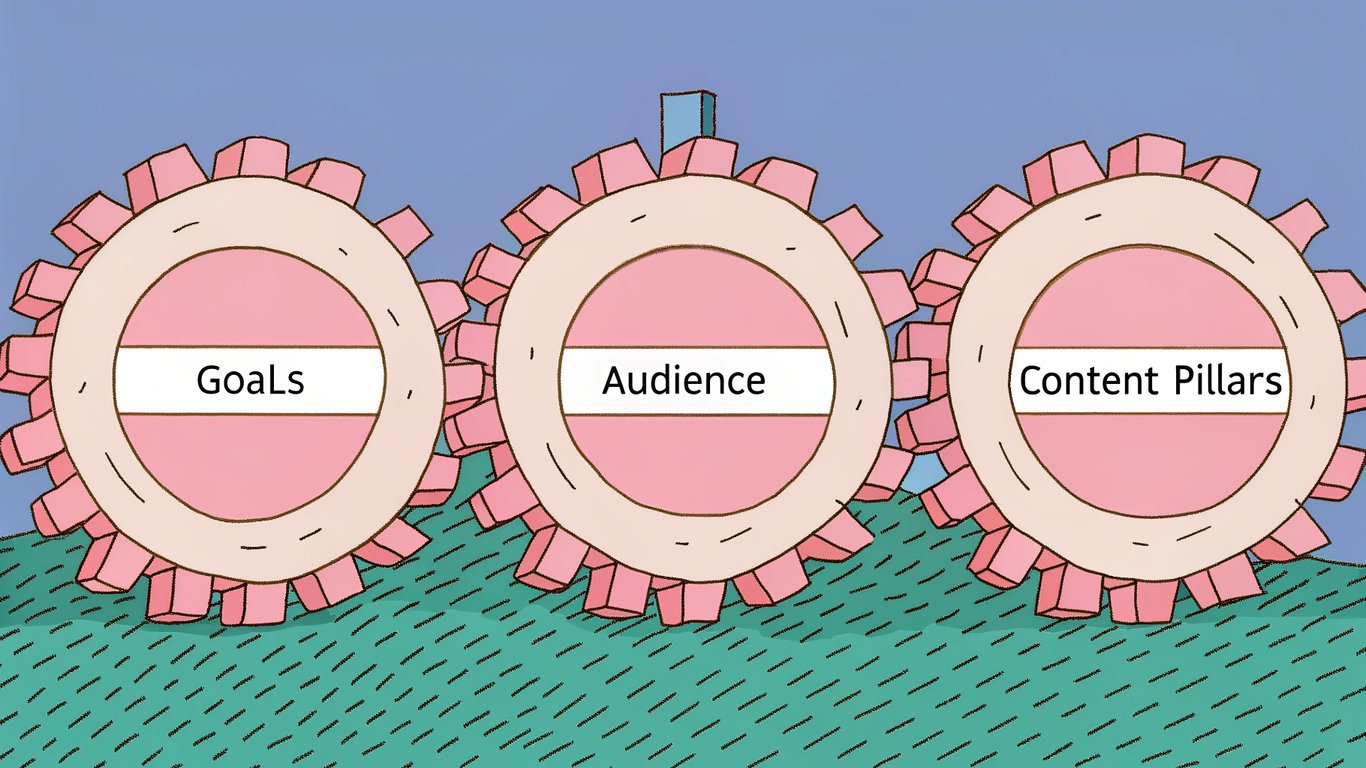 Interconnected gears representing content goals, target audience, and content pillars working in synergy.