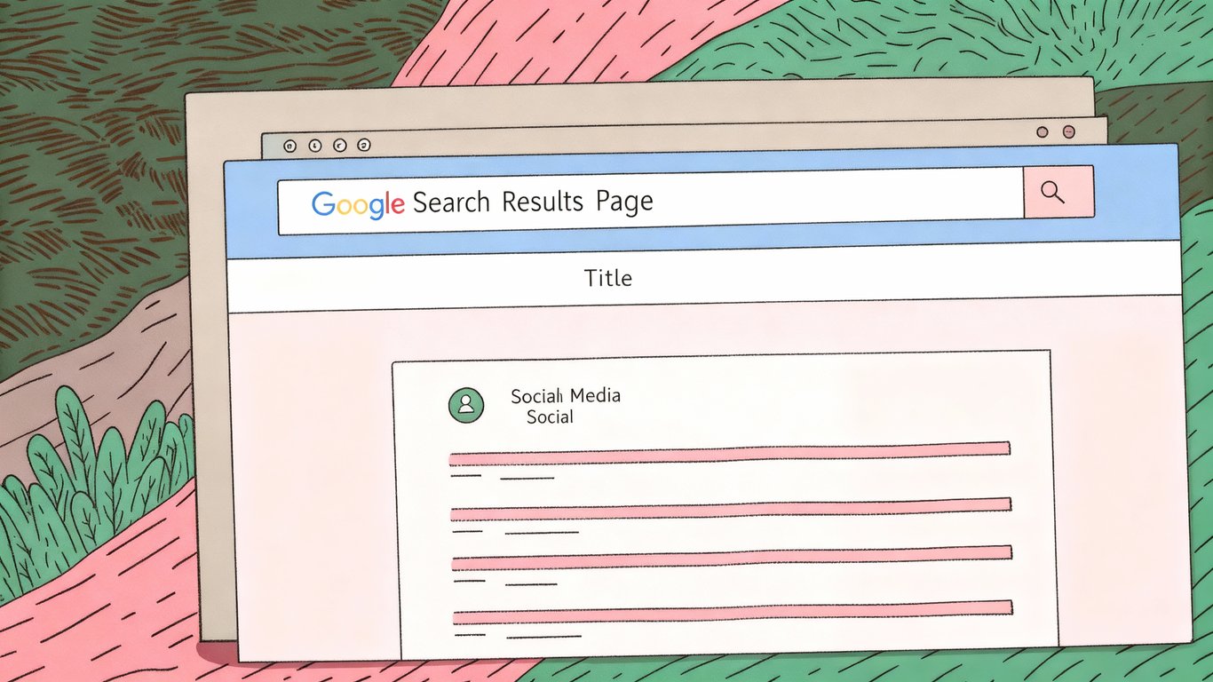 Illustration showing a website's title tag appearing in Google search results, a browser tab, and a social media share preview.
